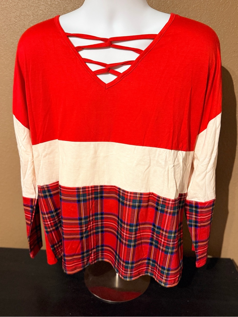 Southern Grace Red Plaid Colorblock Crisscross V-Neck Long Sleeve Top